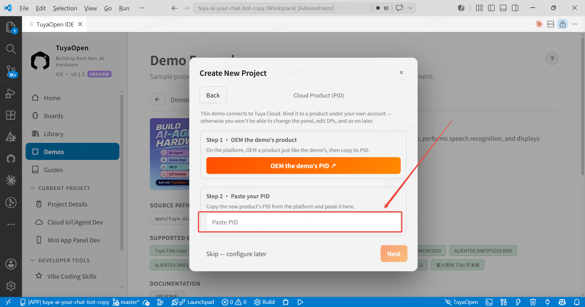 Paste the PID and create the project in the IDE