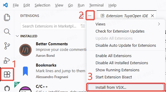 Installing a VSIX from the Extensions panel menu